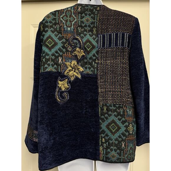 Indigo Moon Womens Jacket Patchwork Blue Green Gold Floral Tapestry Eclectic - Picture 4 of 9